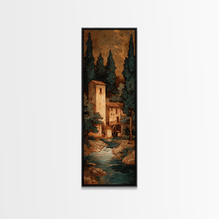 Watermill Beside a Quiet Stream Framed Canvas Print, Traditional Art, Textured Painting, Living Room Decor, Fine Art, Classic, TRA-1x3-29