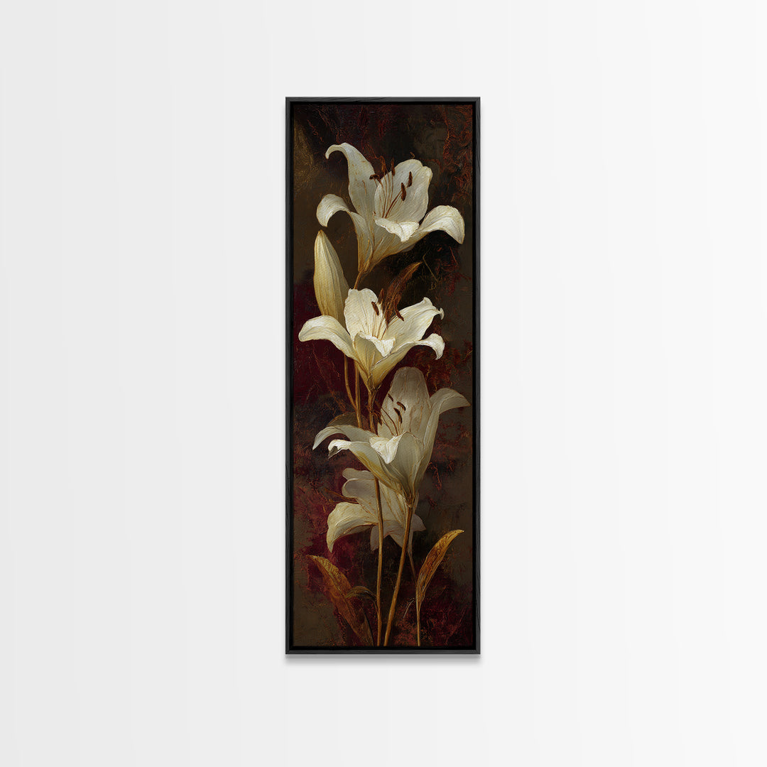 White Lilies on Dark Background Framed Canvas Print, Traditional Art, Canvas, Living Room Decor, Watercolor Art, Classic, TRA-1x3-3