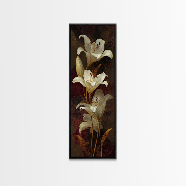 White Lilies on Dark Background Framed Canvas Print, Traditional Art, Canvas, Living Room Decor, Watercolor Art, Classic, TRA-1x3-3