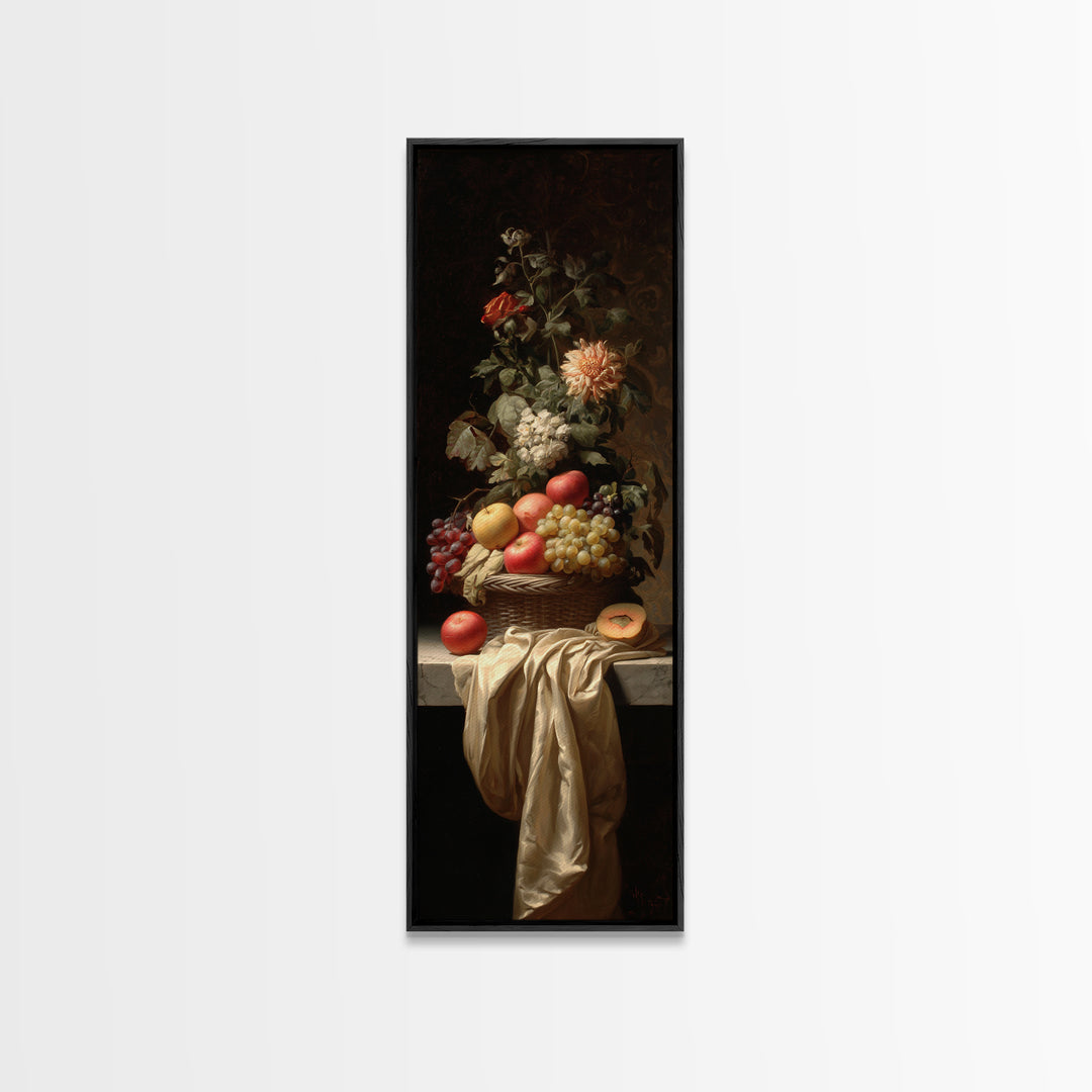 Basket of Apples and Pears on Linen Framed Canvas Print, Traditional Art, Dark Art, Living Room Decor, Abstract Art, Classic, TRA-1x3-30