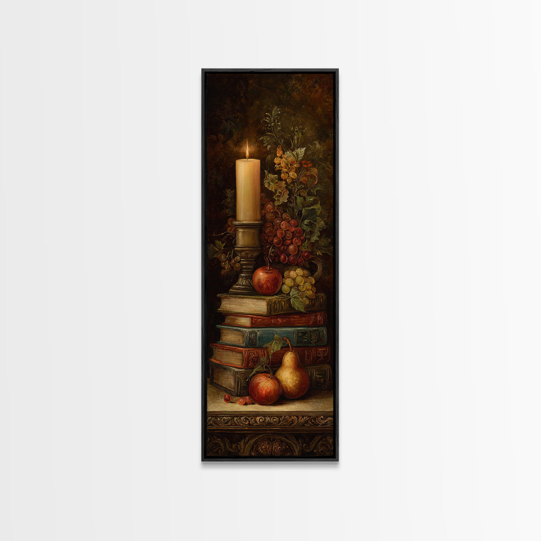 Still Life of Books Candle and Fruit Canvas Print, Traditional Art, Painting, Living Room Decor, Classic, Art Commissions, TRA-1x3-32