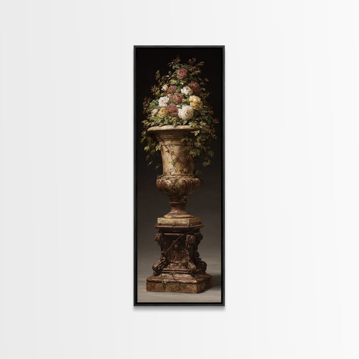 Garden Urn with Roses and Ivy Framed Canvas Print, Traditional Art, Decor, Living Room Decor, Fine Art, Classic, Japanese Art, TRA-1x3-36