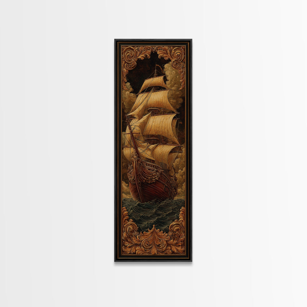 Ship at Sea Framed Canvas Print, Traditional Art, Fine Art Print, Living Room Decor, Fine Art, Classic, Wall Decor, Painting, TRA-1x3-50