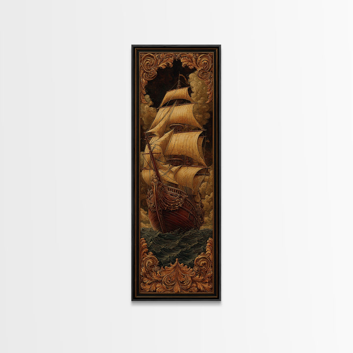 Ship at Sea Framed Canvas Print, Traditional Art, Fine Art Print, Living Room Decor, Fine Art, Classic, Wall Decor, Painting, TRA-1x3-50