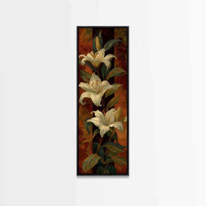 White Lilies on Dark Background Canvas Print, Traditional Art, Landscape, Living Room Decor, Abstract Art, Classic, TRA-1x3-51
