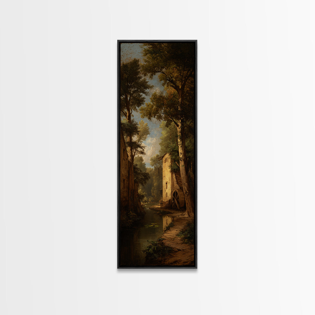 Watermill Beside a Quiet Stream Framed Canvas Print, Traditional Art, Textured Painting, Living Room Decor, Fine Art, Classic, TRA-1x3-53