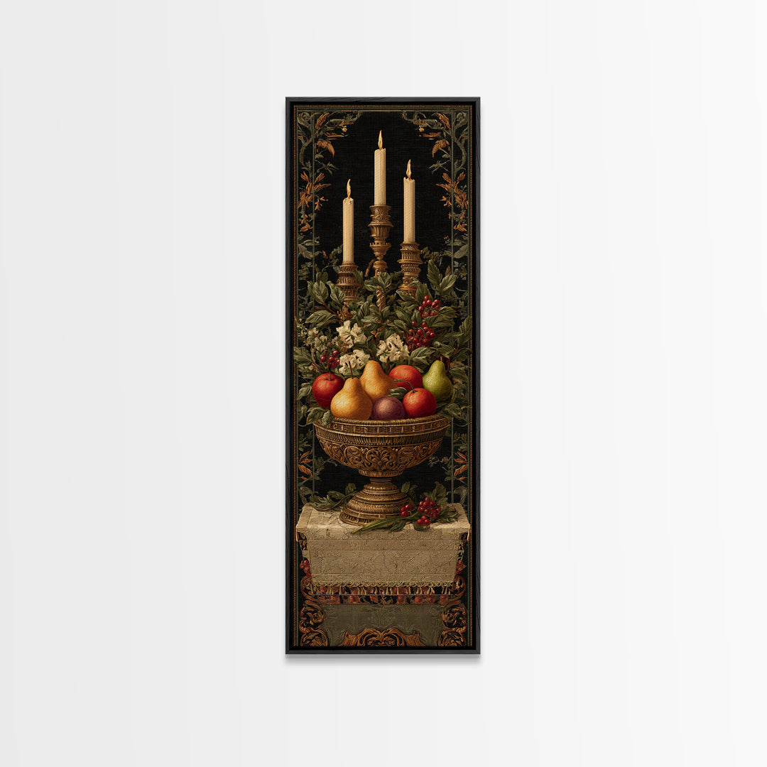 Basket of Apples and Pears on Linen Framed Canvas Print, Traditional Art, Dark Art, Living Room Decor, Abstract Art, Classic, TRA-1x3-54