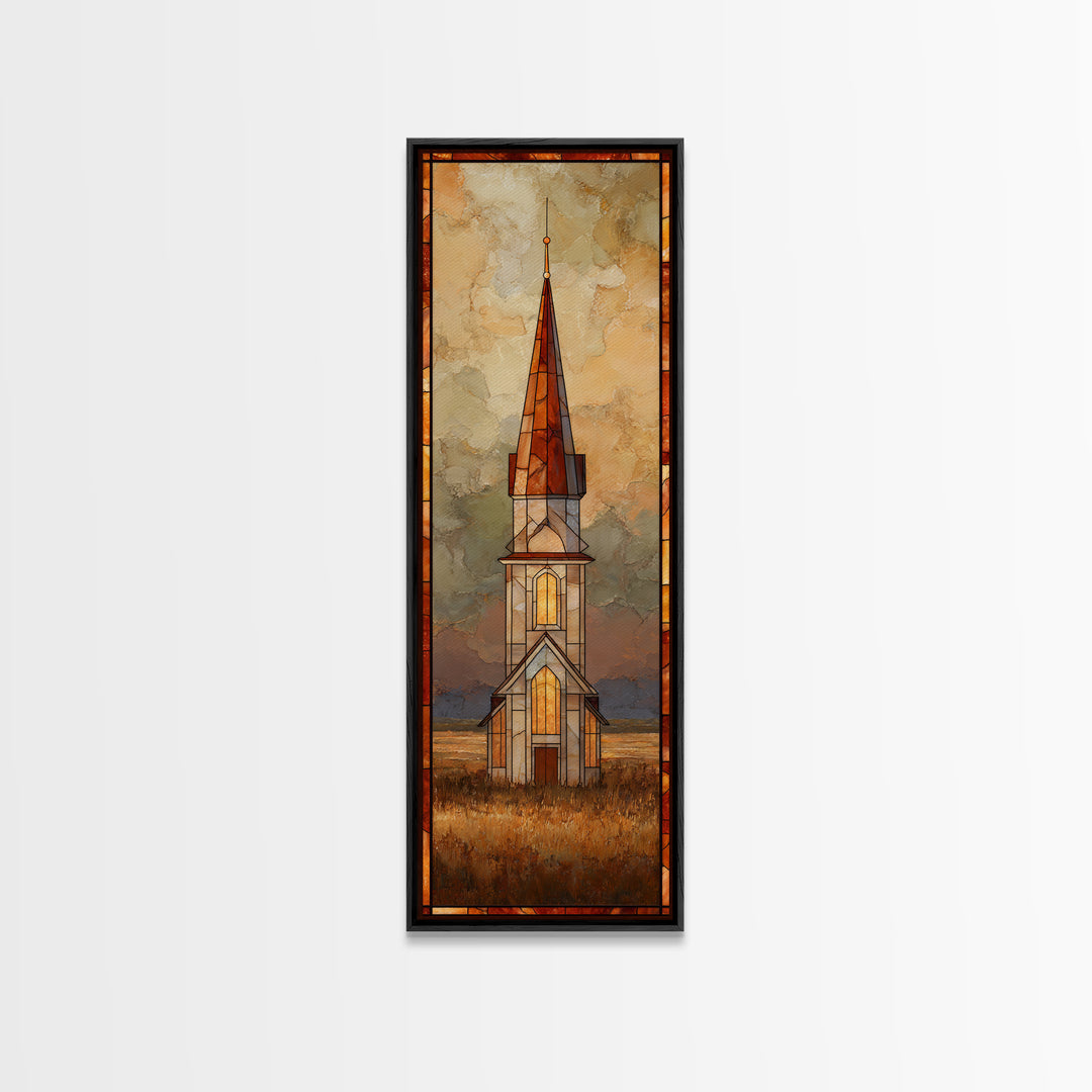 Church Steeple Across Rural Meadow Canvas Print, Traditional Art, Artwork, Living Room Decor, Oil Painting, Classic, TRA-1x3-73