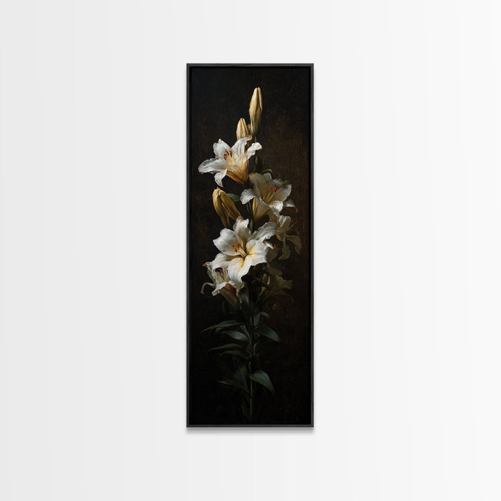 White Lilies on Dark Background Framed Canvas Print, Traditional Art, Neutral Decor, Living Room Decor, Fine Art, Classic, TRA-1x3-75