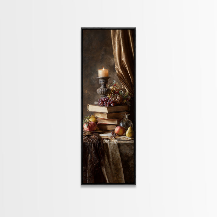 Still Life of Books Candle and Fruit Framed Canvas Print, Traditional Art, Contemporary Art, Living Room Decor, Classic, TRA-1x3-8