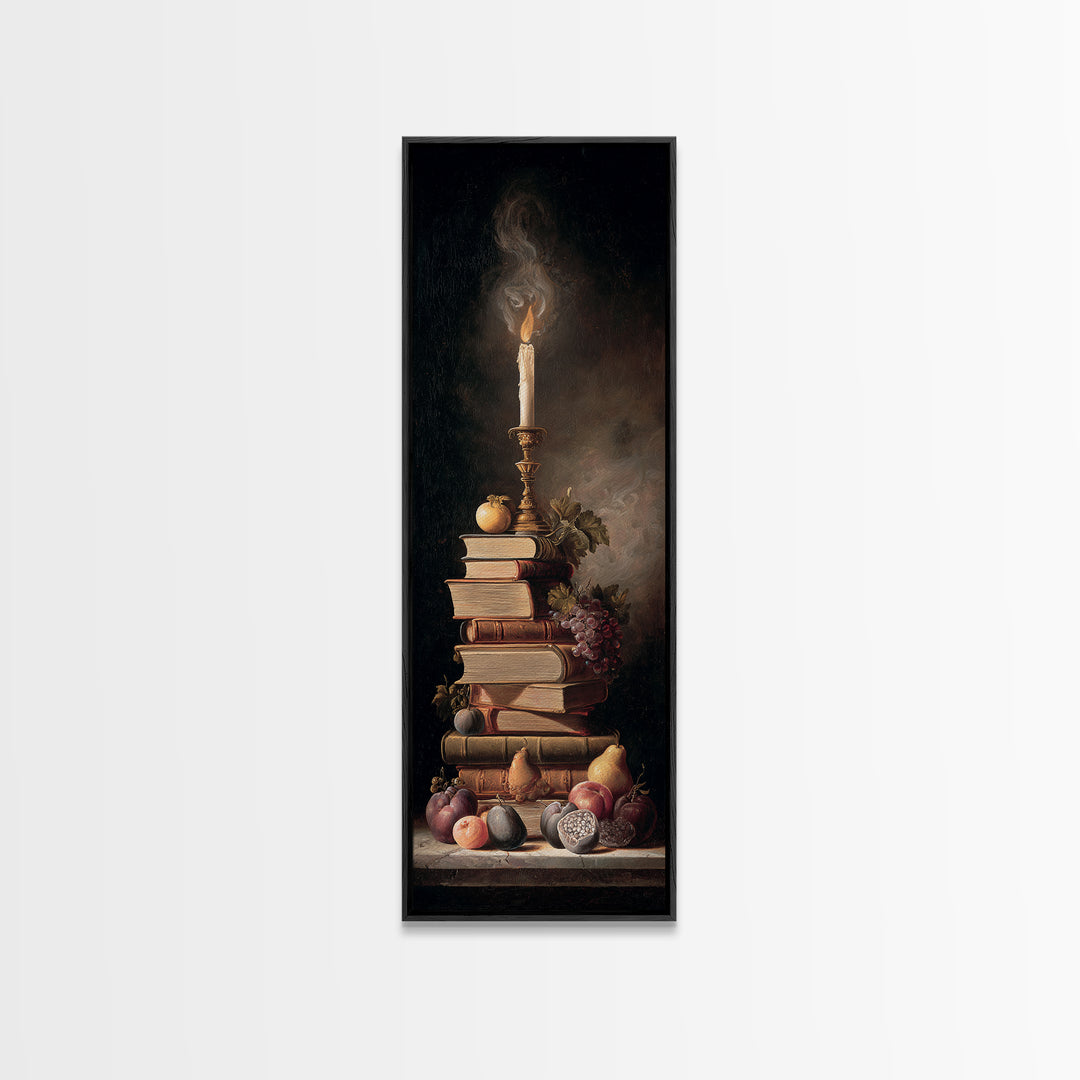 Still Life of Books Candle and Fruit Framed Canvas Print, Traditional Art, Watercolor Art, Living Room Decor, Fine Art, Classic, TRA-1x3-80