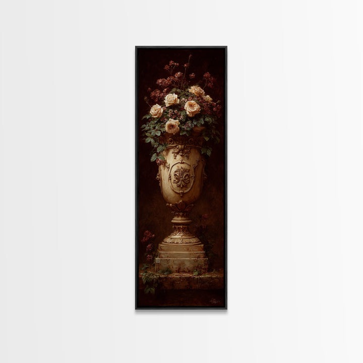 Garden Urn with Roses and Ivy Framed Canvas Print, Traditional Art, Art Commissions, Living Room Decor, Oil Painting, Classic, TRA-1x3-84