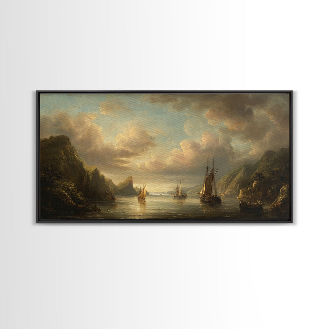 Seascape with Sailboats and Cloudy Sky Framed Canvas Print, Traditional Art, Digital Art, Living Room Decor, Fine Art, Classic, TRA-2x1-1