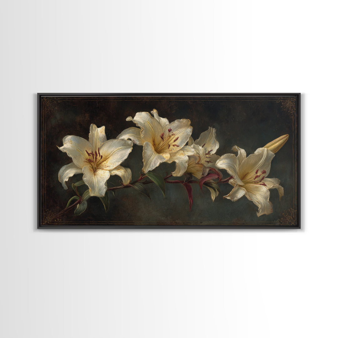 White Lilies on Dark Background Framed Canvas Print, Traditional Art, Custom Art, Living Room Decor, Fine Art, Classic, TRA-2x1-11