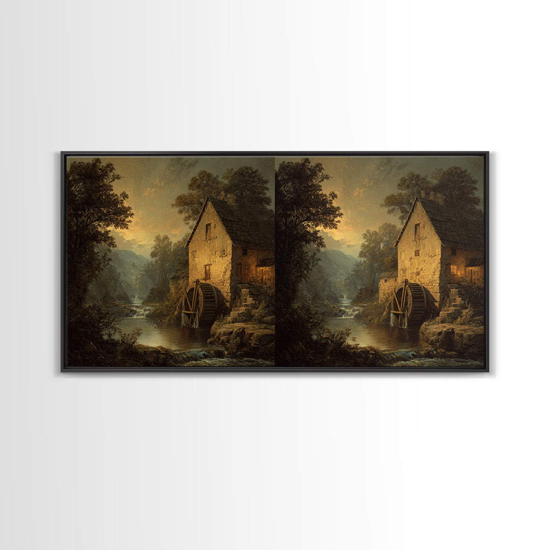 Watermill Beside a Quiet Stream Framed Canvas Print, Traditional Art, Painting, Living Room Decor, Fine Art, Classic, TRA-2x1-13