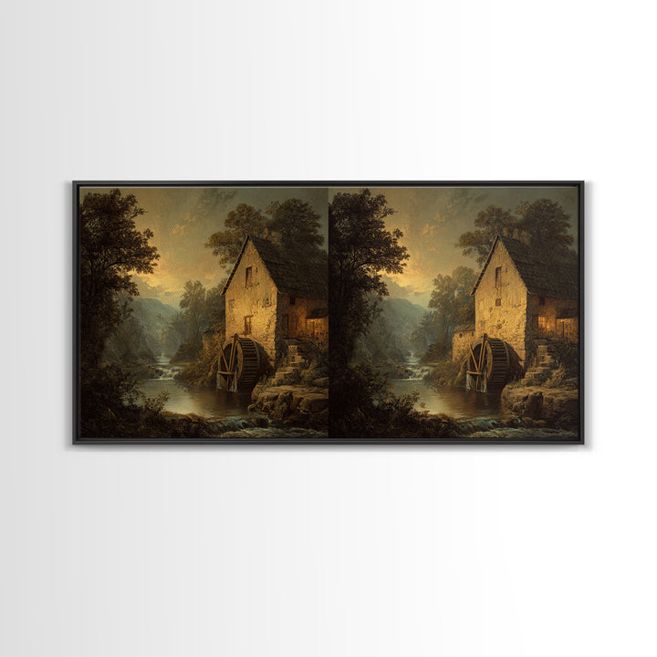 Watermill Beside a Quiet Stream Framed Canvas Print, Traditional Art, Painting, Living Room Decor, Fine Art, Classic, TRA-2x1-13