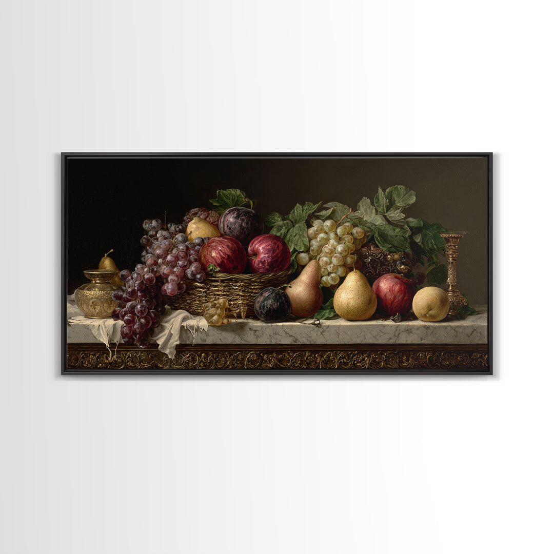 Basket of Apples and Pears on Linen Framed Canvas Print, Traditional Art, Luxury Decor, Living Room Decor, Abstract Art, TRA-2x1-14