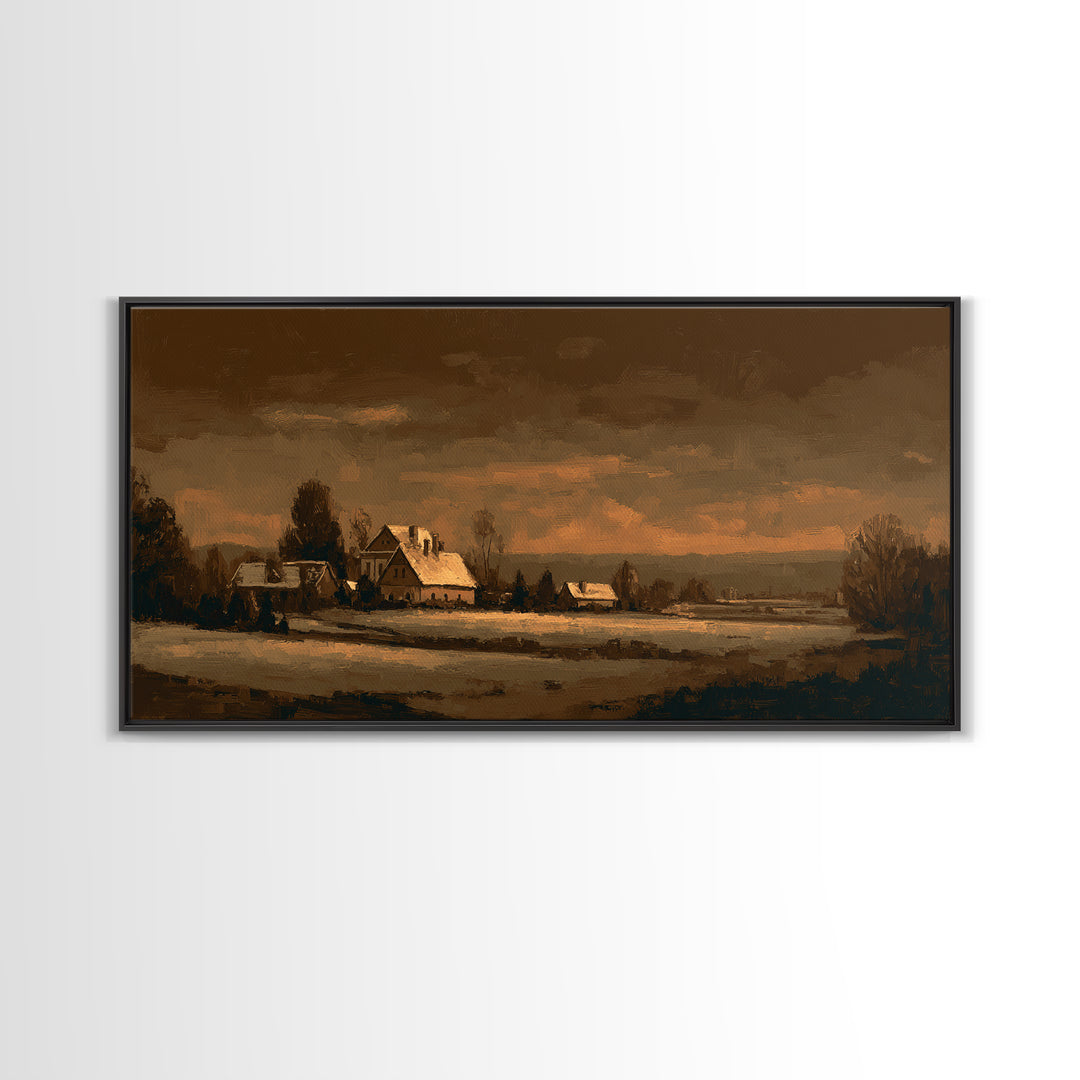 Snowy Village Landscape at Twilight Framed Canvas Print, Traditional Art, Living Room Decor, Watercolor Art, Classic, TRA-2x1-15