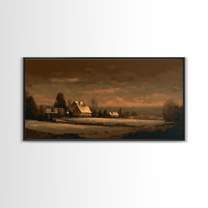 Snowy Village Landscape at Twilight Framed Canvas Print, Traditional Art, Living Room Decor, Watercolor Art, Classic, TRA-2x1-15