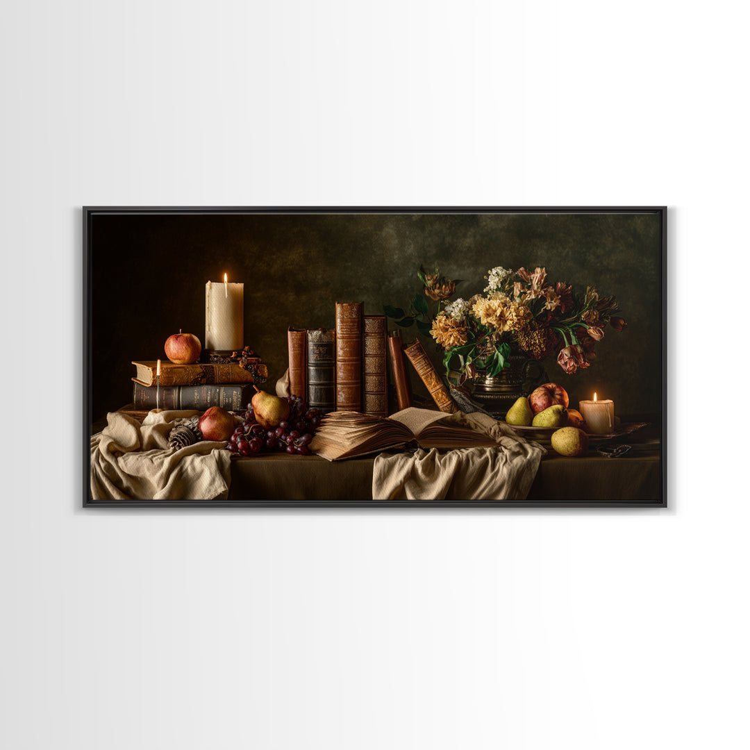 Still Life of Books Candle and Fruit Framed Canvas Print, Traditional Art, Fine Art Print, Living Room Decor, Fine Art, Classic, TRA-2x1-16