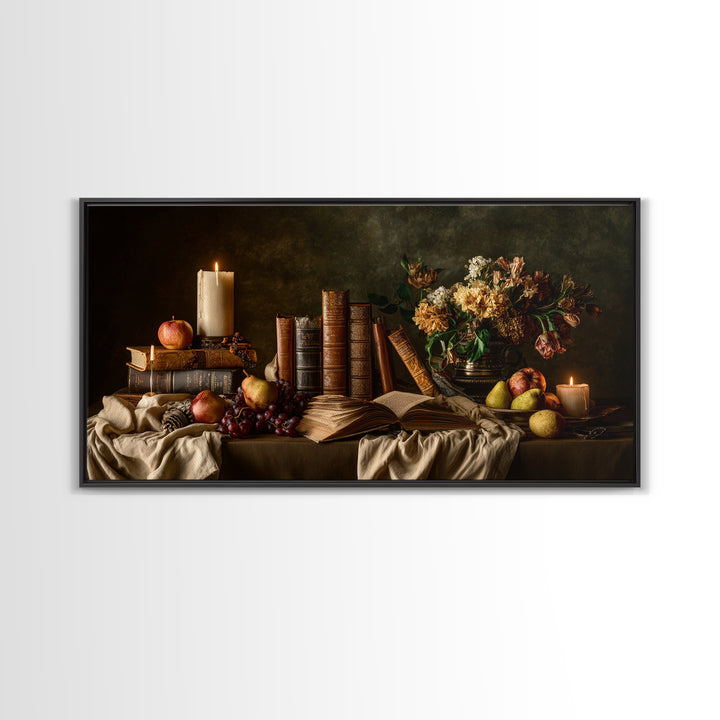 Still Life of Books Candle and Fruit Framed Canvas Print, Traditional Art, Fine Art Print, Living Room Decor, Fine Art, Classic, TRA-2x1-16