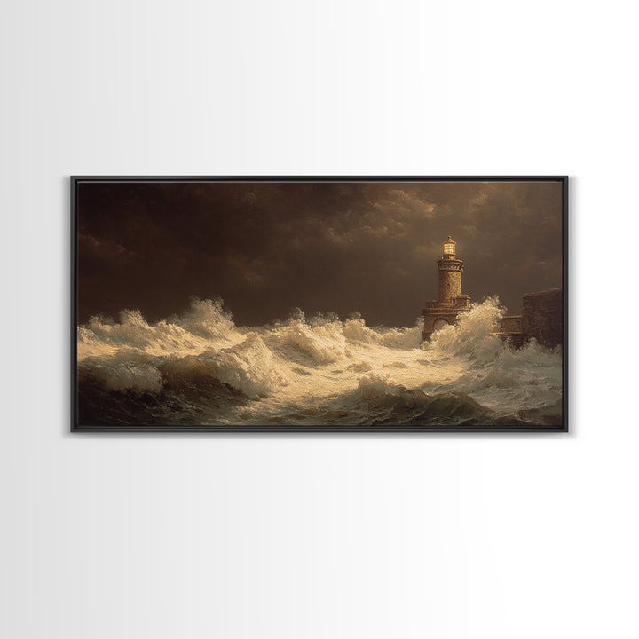 Lighthouse with Crashing Waves Canvas Print, Traditional Art, Decor, Living Room Decor, Fine Art, Classic, Japanese Art, TRA-2x1-17