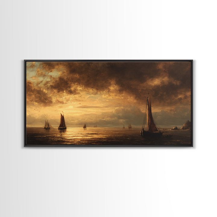 Seascape with Sailboats and Cloudy Sky Framed Canvas Print, Traditional Art, Digital Art, Living Room Decor, Fine Art, Classic, TRA-2x1-25