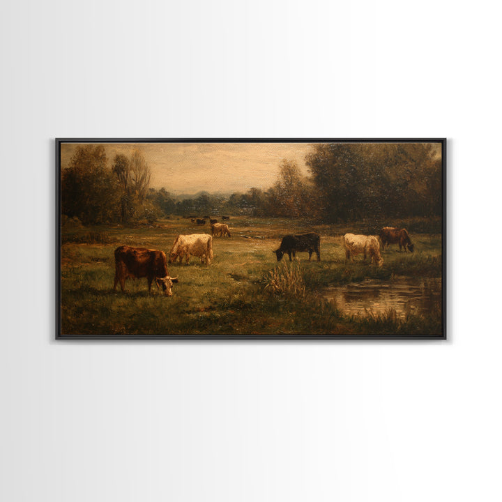 Pastoral Countryside with Cows in Field Framed Canvas Print, Traditional Art, Boho Decor, Living Room Decor, Oil Painting, TRA-2x1-27