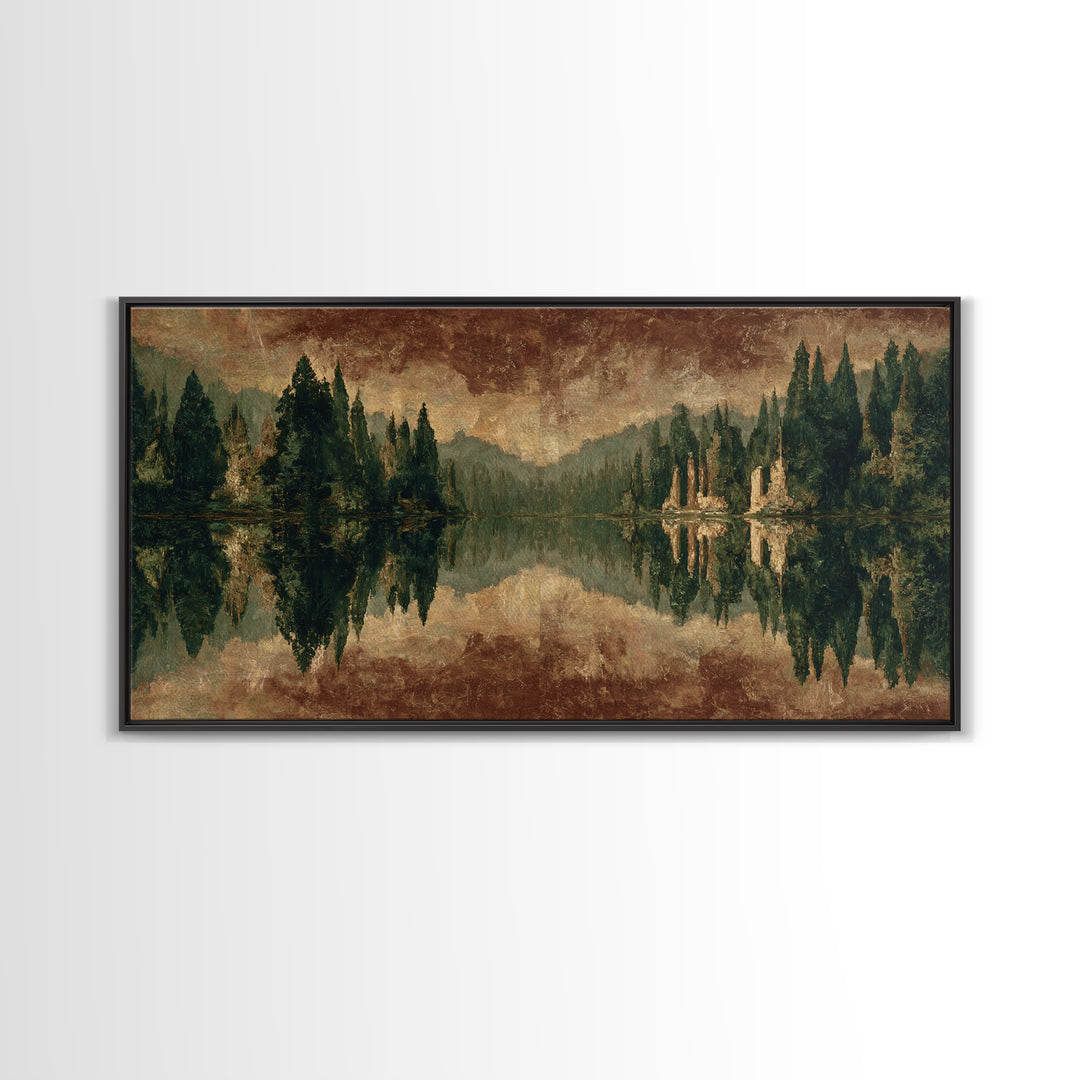 Mountain Lake with Pine Forest Reflection Framed Canvas Print, Traditional Art, Canvas, Living Room Decor, Fine Art, Classic, TRA-2x1-29