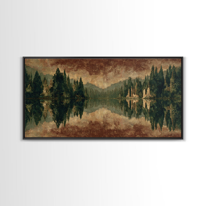 Mountain Lake with Pine Forest Reflection Framed Canvas Print, Traditional Art, Canvas, Living Room Decor, Fine Art, Classic, TRA-2x1-29