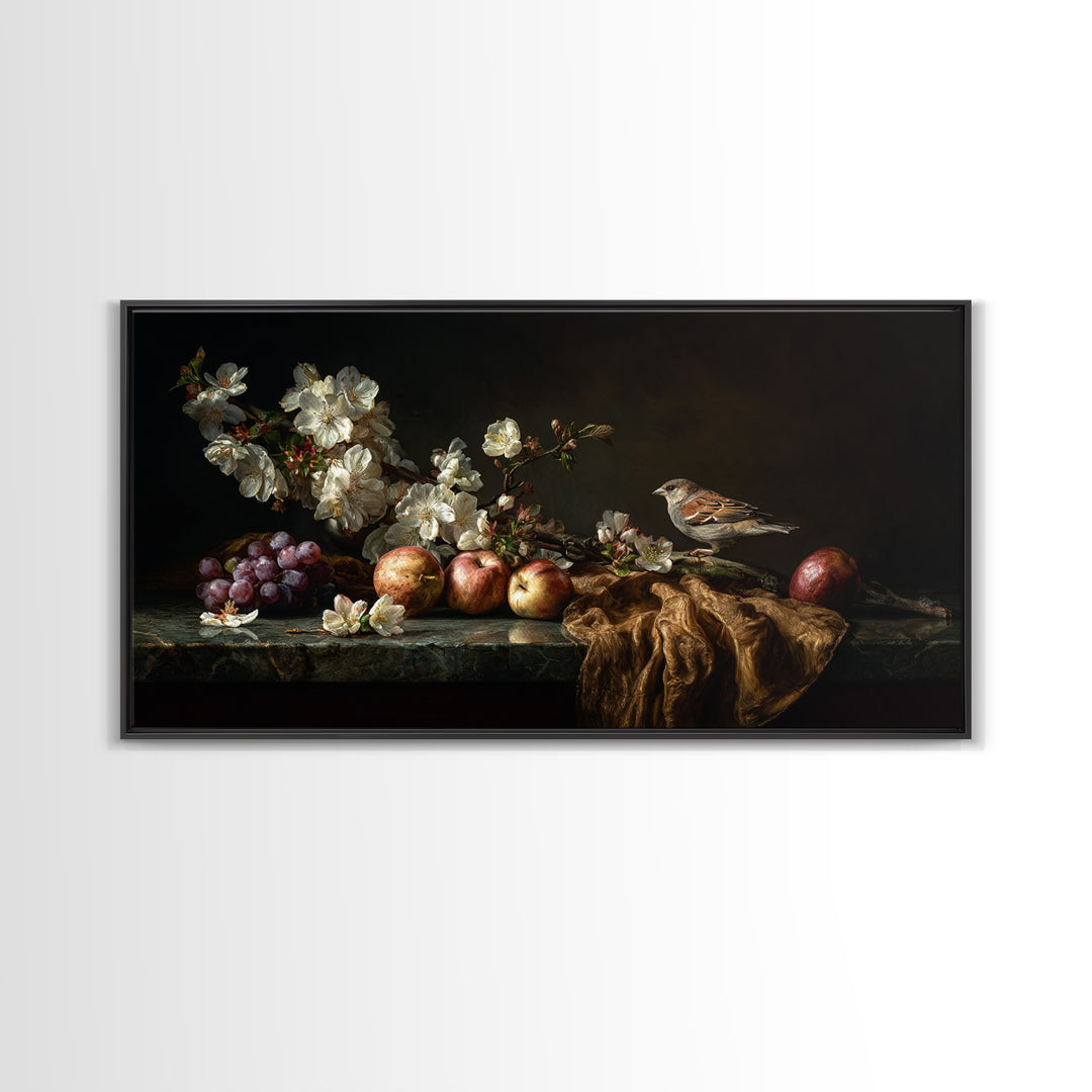 Bird Study on a Flowering Branch Framed Canvas Print, Traditional Art, Minimalist Decor, Living Room Decor, Oil Painting, TRA-2x1-30