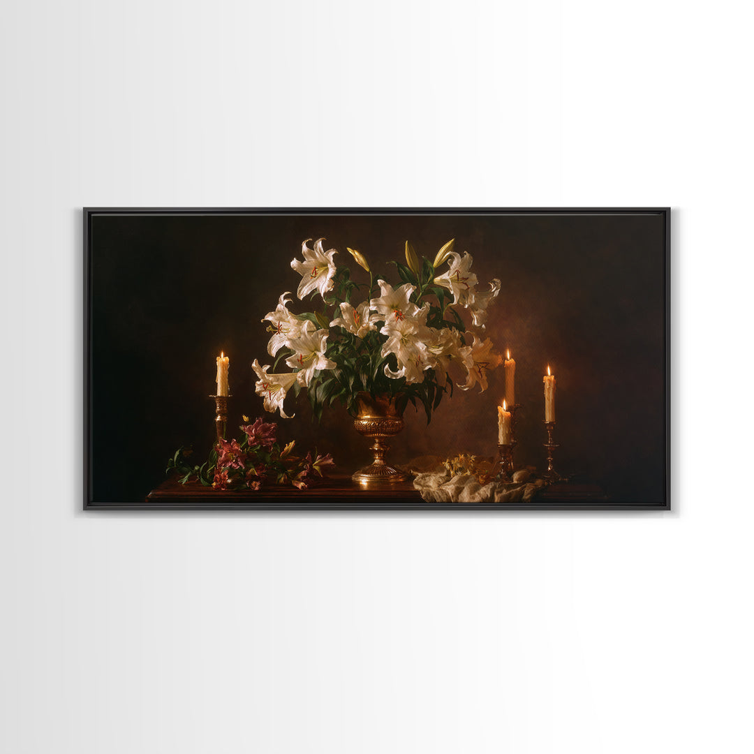 White Lilies on Dark Background Framed Canvas Print, Traditional Art, Wall Art, Living Room Decor, Oil Painting, Classic, TRA-2x1-35