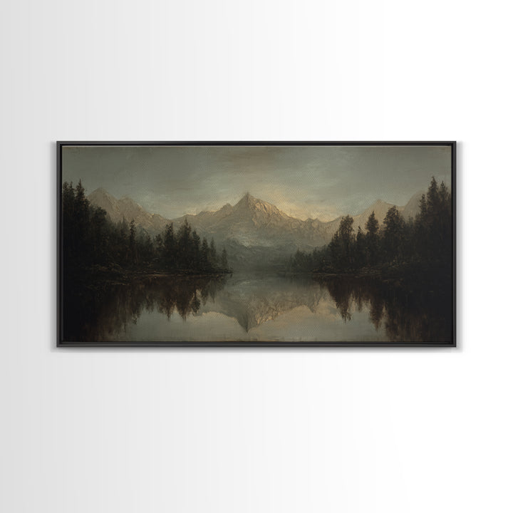 Mountain Lake with Pine Forest Reflection Framed Canvas Print, Traditional Art, Canvas, Living Room Decor, Fine Art, Classic, TRA-2x1-5