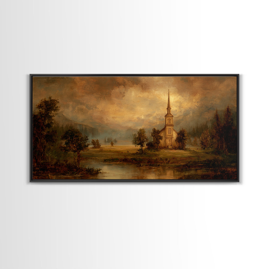 Church Steeple Across Rural Meadow Canvas Print, Traditional Art, Art Commission, Living Room Decor, Fine Art, Classic, TRA-2x1-57