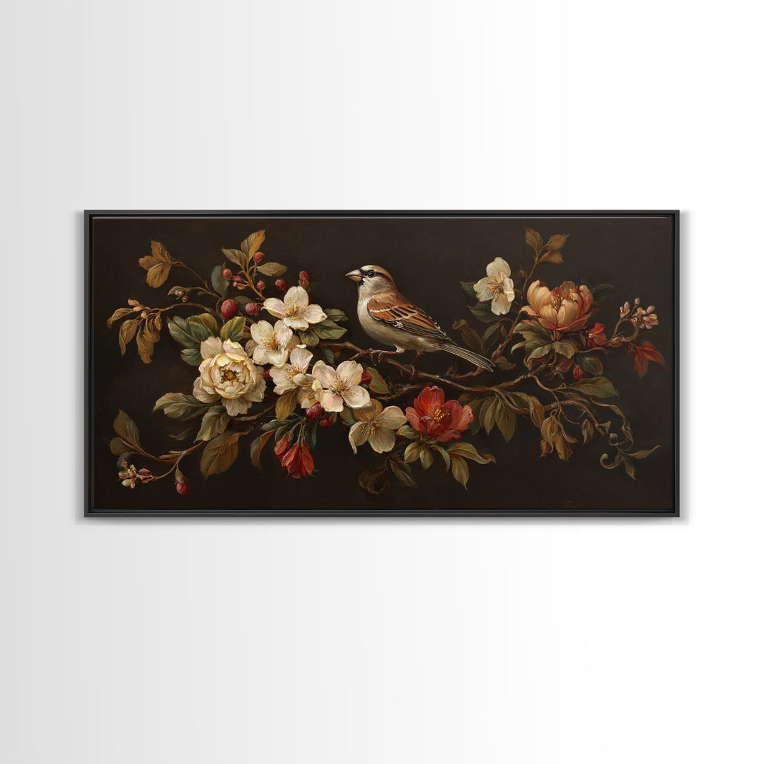 Bird Study on a Flowering Branch Framed Canvas Print, Traditional Art, Minimalist Decor, Living Room Decor, Oil Painting, TRA-2x1-6