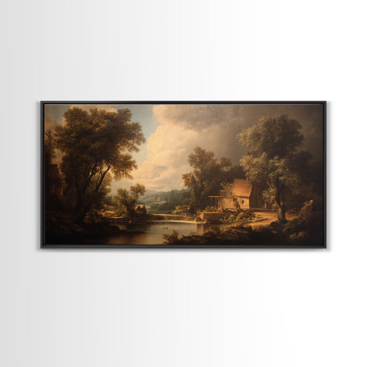 Watermill Beside a Quiet Stream Canvas Print, Traditional Art, Boho, Living Room Decor, Fine Art, Classic, Indian Wall Art, TRA-2x1-61