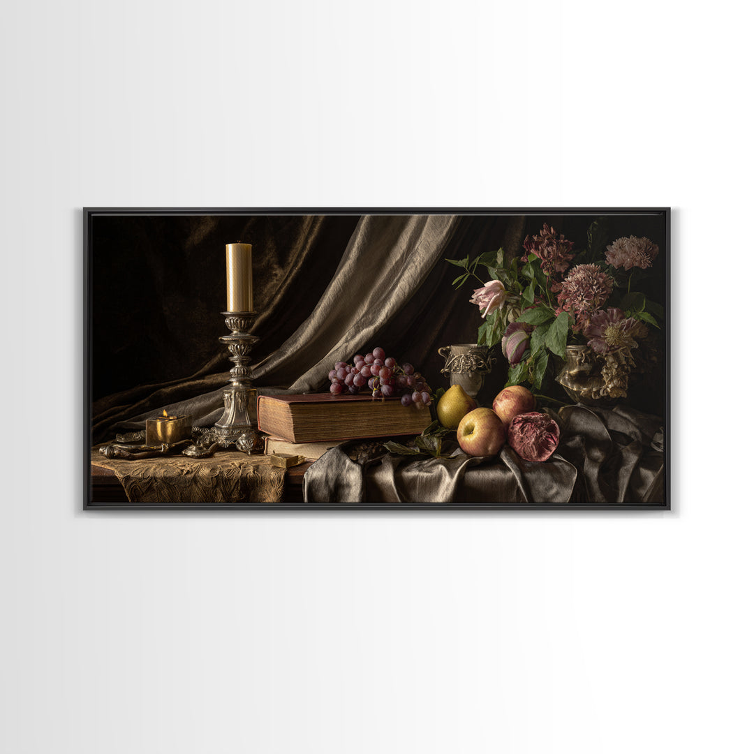 Still Life of Books Candle and Fruit Canvas Print, Traditional Art, Digital Art, Living Room Decor, Fine Art, Classic, TRA-2x1-64