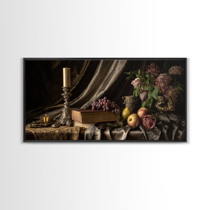 Still Life of Books Candle and Fruit Canvas Print, Traditional Art, Digital Art, Living Room Decor, Fine Art, Classic, TRA-2x1-64