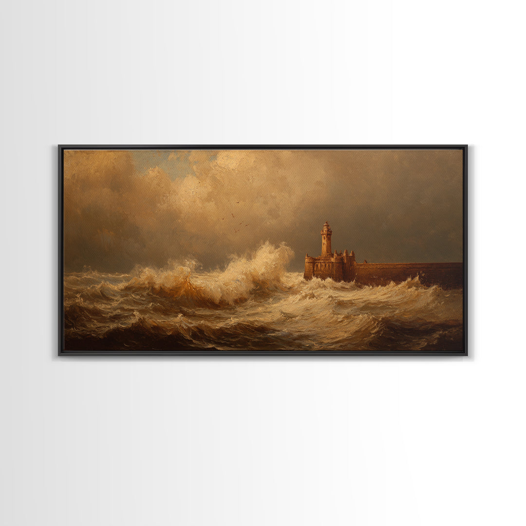 Lighthouse with Crashing Waves Framed Canvas Print, Traditional Art, Wall Hanging, Living Room Decor, Abstract Art, Classic, TRA-2x1-65