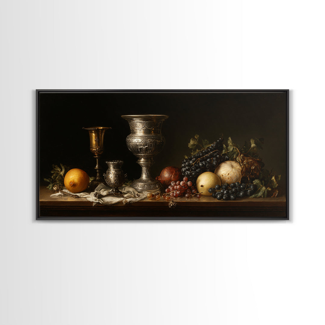 Dutch Fruit and Silver Goblet Still Life Framed Canvas Print, Traditional Art, Art Commission, Living Room Decor, Classic, TRA-2x1-72