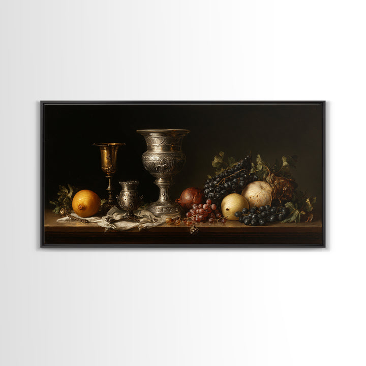 Dutch Fruit and Silver Goblet Still Life Framed Canvas Print, Traditional Art, Art Commission, Living Room Decor, Classic, TRA-2x1-72