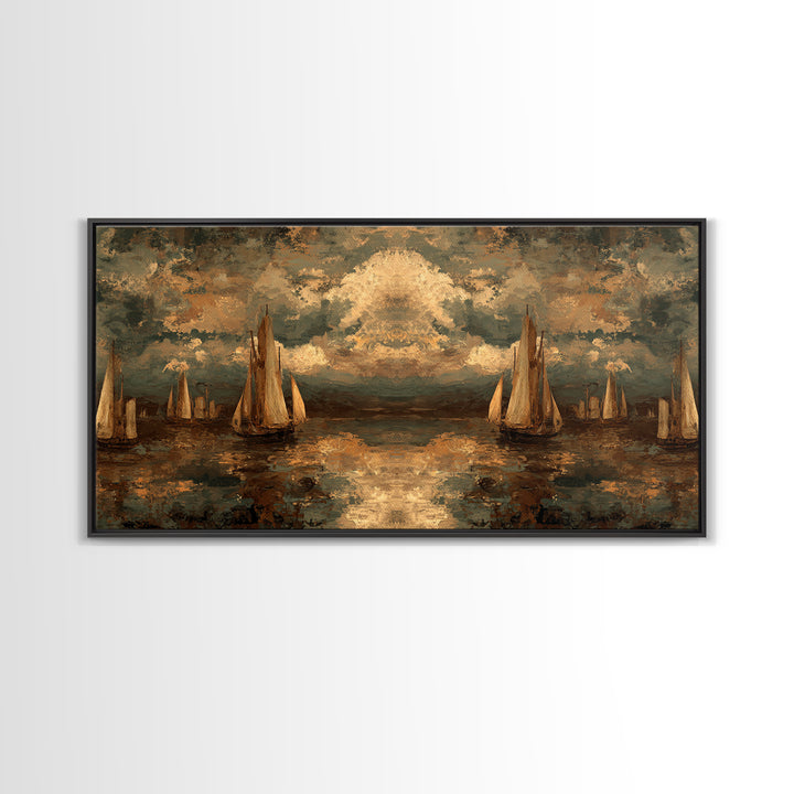 Seascape with Sailboats and Cloudy Sky Canvas Print, Traditional Art, Original Art, Living Room Decor, Fine Art, Classic, TRA-2x1-73
