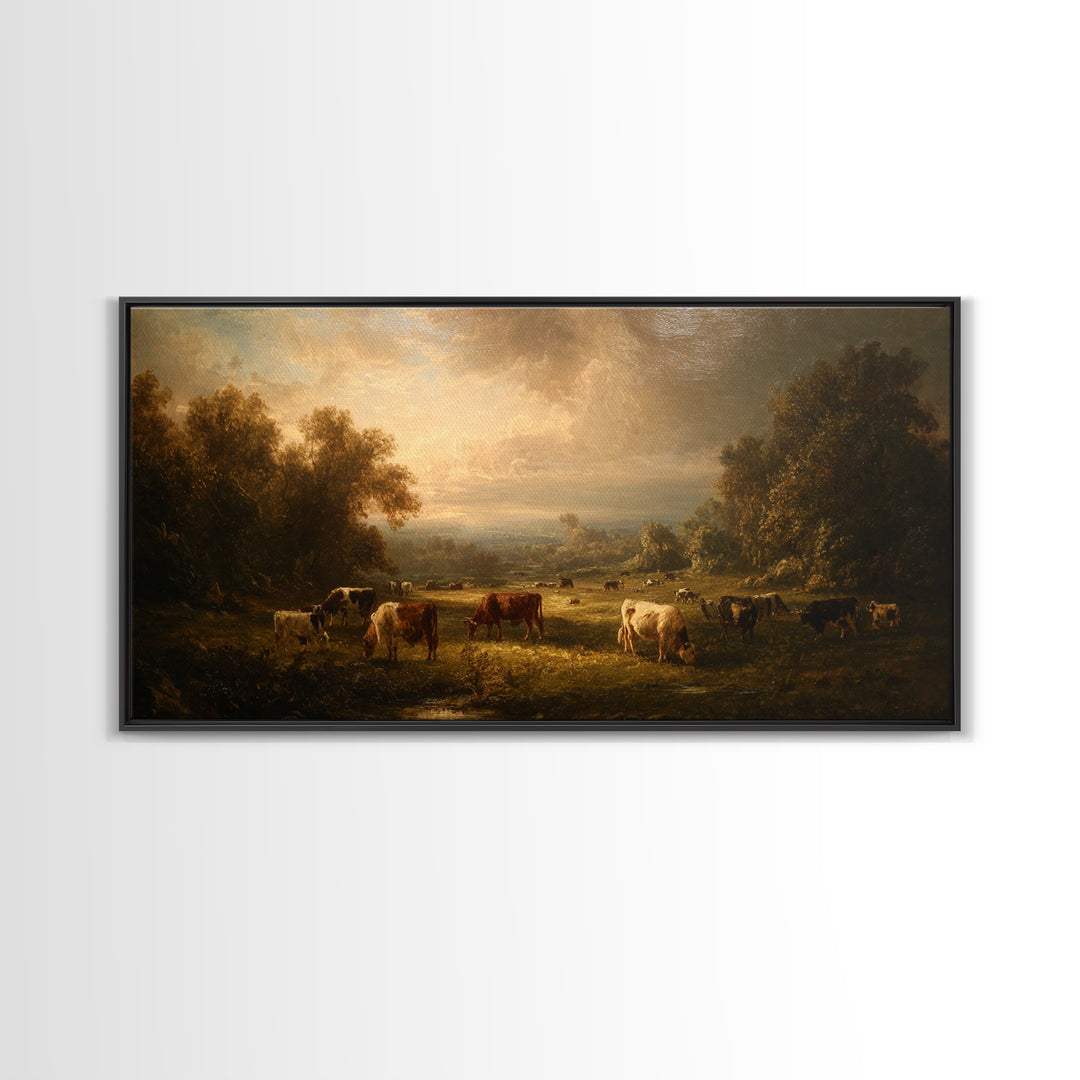 Pastoral Countryside with Cows in Field Framed Canvas Print, Traditional Art, Room Decor, Living Room Decor, Fine Art, Classic, TRA-2x1-75