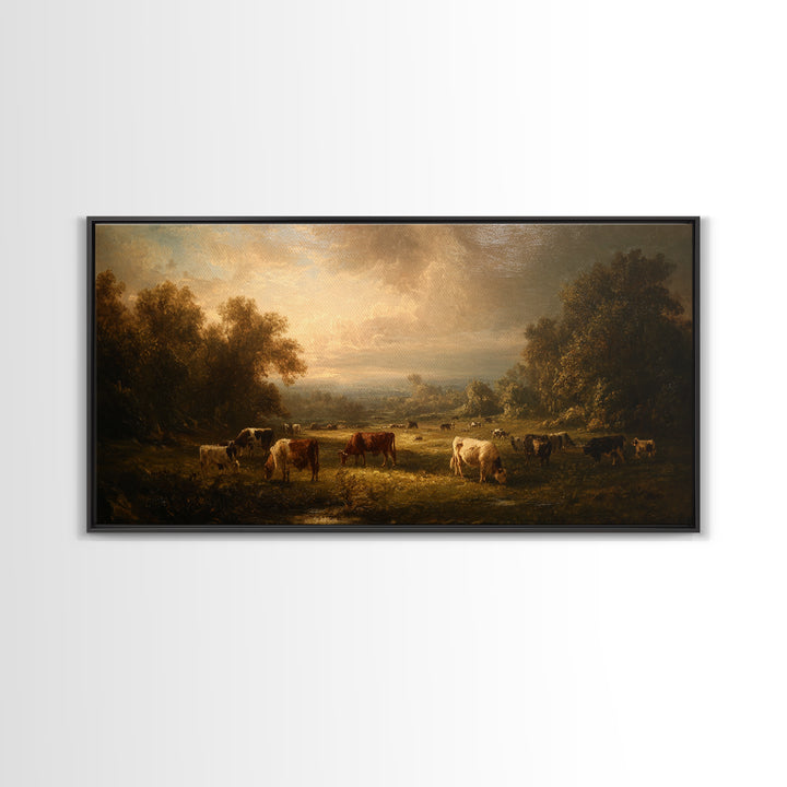 Pastoral Countryside with Cows in Field Framed Canvas Print, Traditional Art, Room Decor, Living Room Decor, Fine Art, Classic, TRA-2x1-75