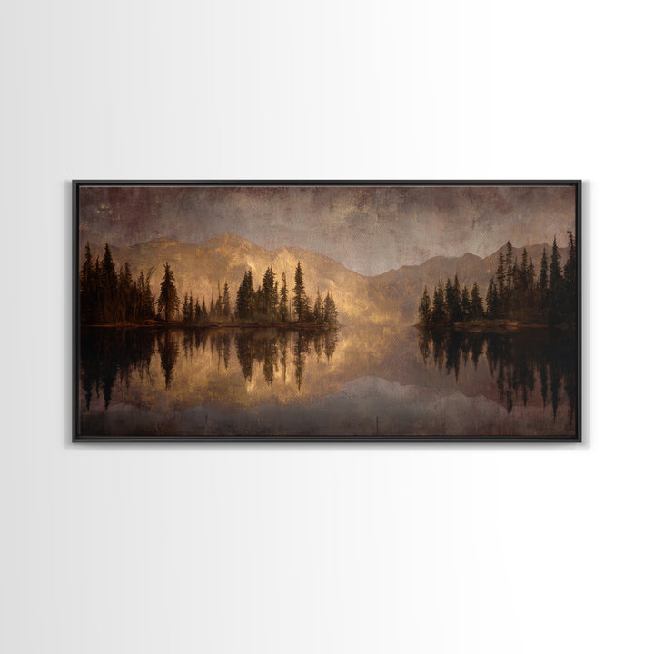 Mountain Lake with Pine Forest Reflection Canvas Print, Traditional Art, Digital Print, Living Room Decor, Fine Art, Classic, TRA-2x1-77