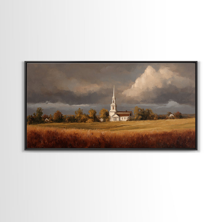 Church Steeple Across Rural Meadow Framed Canvas Print, Traditional Art, Printable Art, Living Room Decor, Watercolor Art, TRA-2x1-81