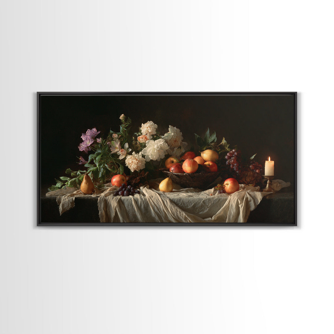 Basket of Apples and Pears on Linen Framed Canvas Print, Traditional Art, Decor, Living Room Decor, Abstract Art, Classic, TRA-2x1-86