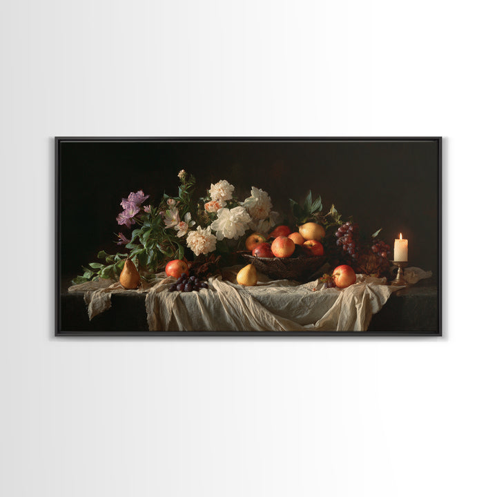 Basket of Apples and Pears on Linen Framed Canvas Print, Traditional Art, Decor, Living Room Decor, Abstract Art, Classic, TRA-2x1-86