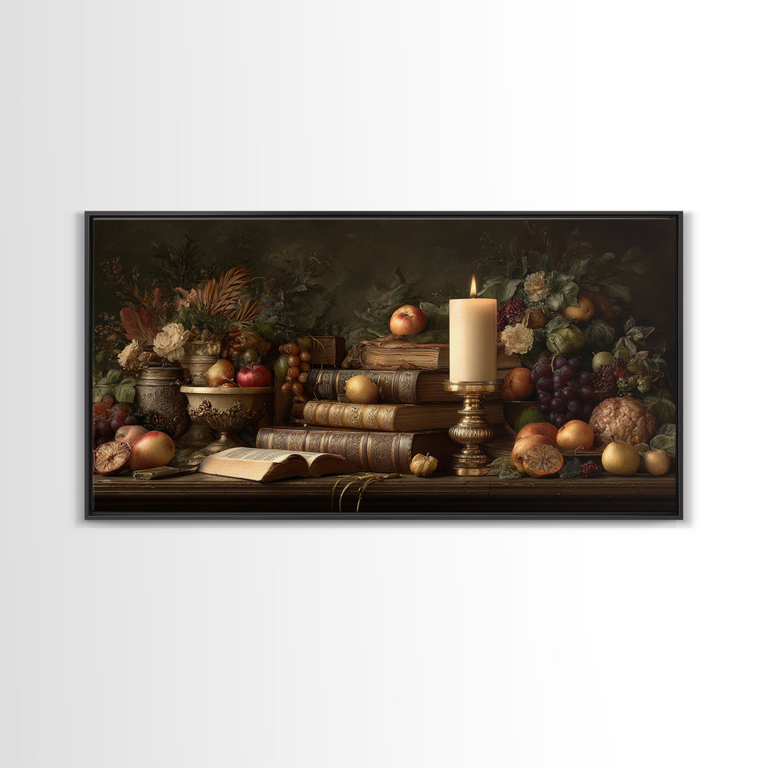 Still Life of Books Candle and Fruit Framed Canvas Print, Traditional Art, Original Art, Living Room Decor, Fine Art, Classic, TRA-2x1-88