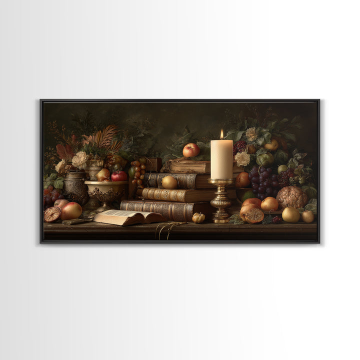 Still Life of Books Candle and Fruit Framed Canvas Print, Traditional Art, Original Art, Living Room Decor, Fine Art, Classic, TRA-2x1-88